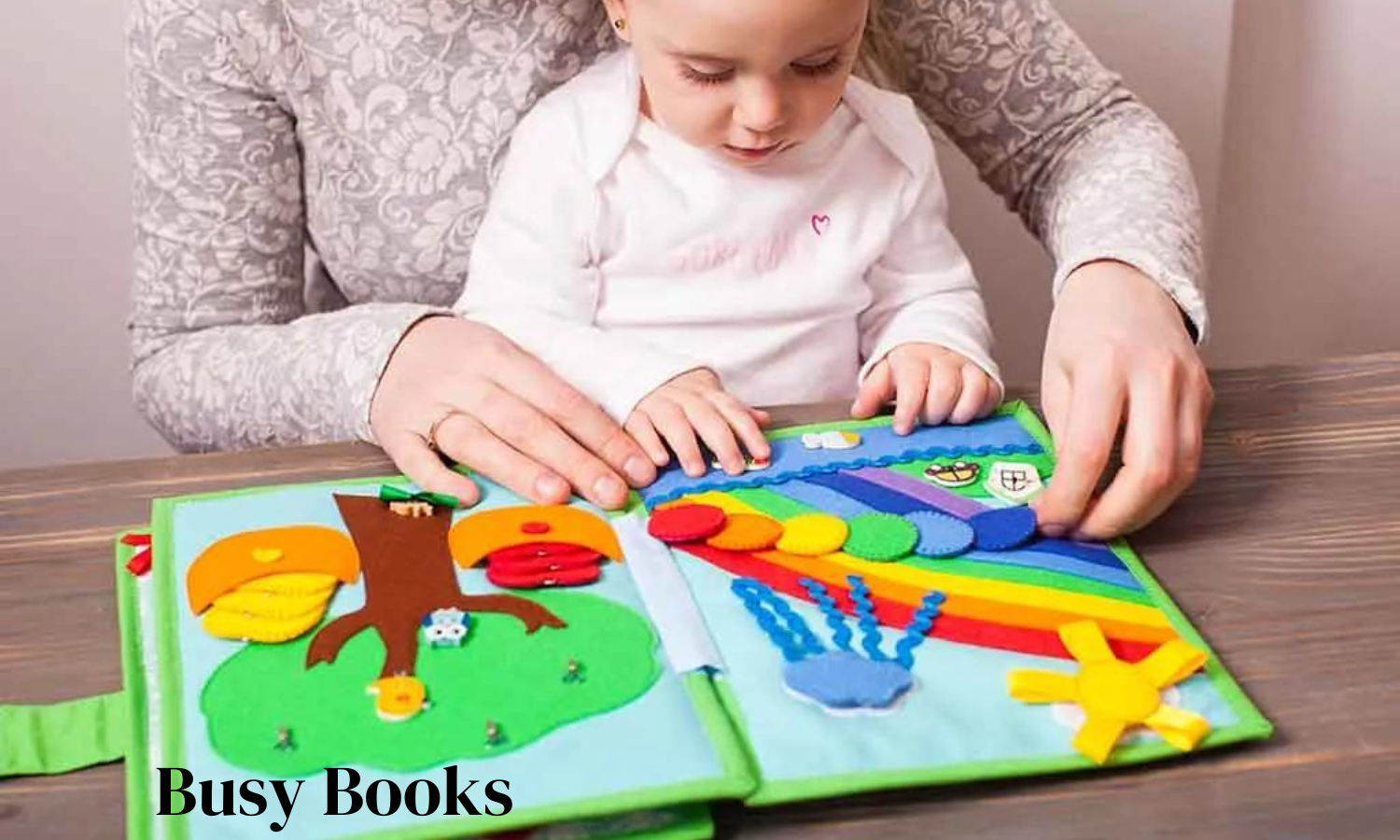 Image of a Busy Book, a interactive learning resource for kids, featuring fun and educational activities